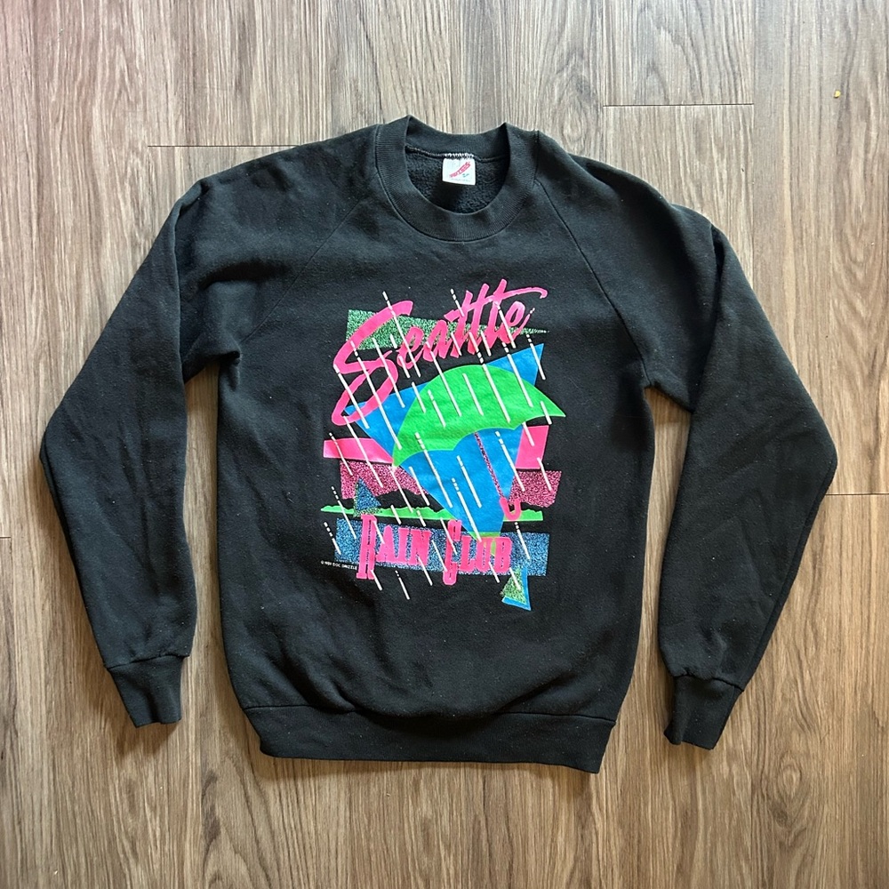 Vintage '89 Black Sweatshirt with Colorful Seattle Rain Club Graphic